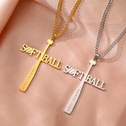 Stainless Steel Baseball Bat Cross Pendant Necklace For Men Women Softball I Can Do All Things Inspirational Jewelry