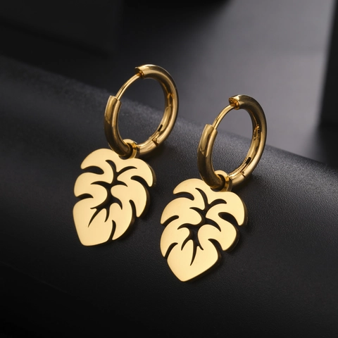 Stainless Steel Monstera Leaf Dangle Hoop Earrings Tropical Plant Design Gold Silver Plated Jewelry Gift For Women