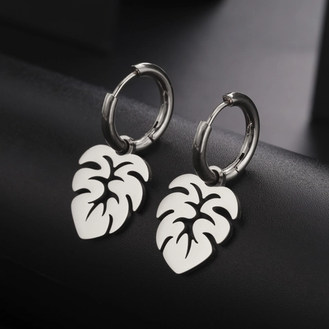 Stainless Steel Monstera Leaf Dangle Hoop Earrings Tropical Plant Design Gold Silver Plated Jewelry Gift For Women