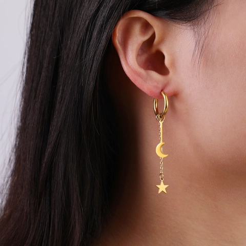 Boucles d'oreilles Créoles Pendants Étoile Lune en Acier Inoxydable Plaqué Or Argent Gland Bijoux Mode Femme