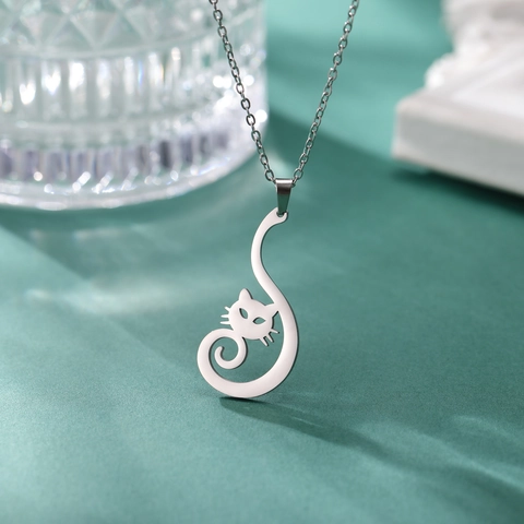 Minimalist Stainless Steel Cat Pendant Necklace For Women Girls Cute Hollow Kitten Animal Jewelry Gift Necklace