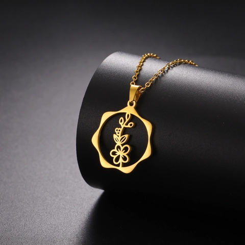 Collana in Acciaio Inossidabile con Fiore del Mese di Nascita Placcata Oro 18K Pendente Floreale Traforato Gioielli Donna Regalo Compleanno