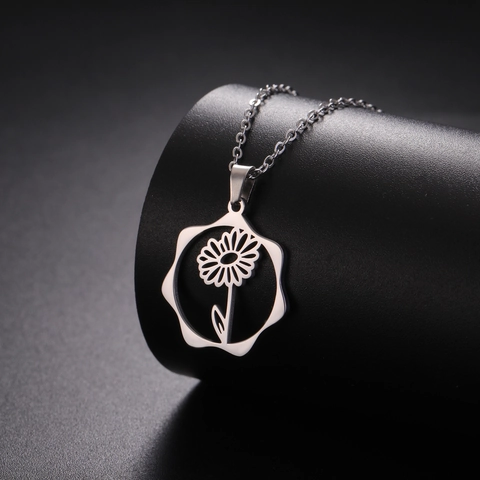 Collana in Acciaio Inossidabile con Fiore del Mese di Nascita Placcata Oro 18K Pendente Floreale Traforato Gioielli Donna Regalo Compleanno