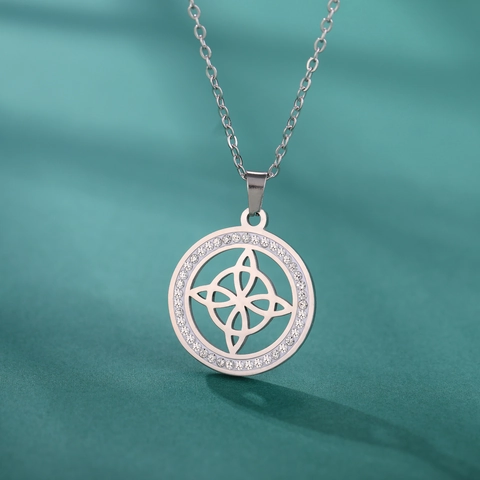 Vintage Hexenknoten Anhänger Halskette Edelstahl Zirkonia Keltischer Knoten Gold Silber Strass Runder Schmuck Damen