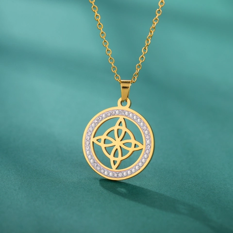 Vintage Hexenknoten Anhänger Halskette Edelstahl Zirkonia Keltischer Knoten Gold Silber Strass Runder Schmuck Damen