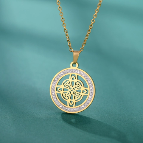 Stainless Steel Witch Knot Pendant Necklace Celtic Wiccan Jewelry Zirconia Hollow Out Gold Silver Necklaces For Women Men