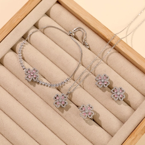 Rotierendes Vierblättriges Kleeblatt Edelstahl Halskette Zirkonia Gold Silber Blume Anhänger Elegantes Schmuckset Damen