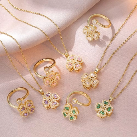 Rotierendes Vierblättriges Kleeblatt Schmuckset Edelstahl Zirkonia Herz Anhänger Halskette Verstellbarer Offener Ring Damen Mode Accessoires
