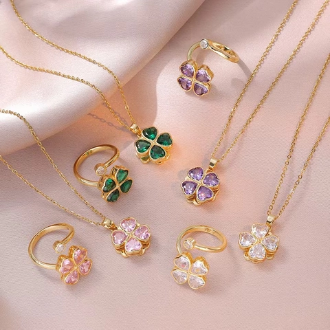 Mode Edelstahl Zirkonia Herz Vierblättriges Kleeblatt Anhänger Halskette Und Verstellbarer Offener Ring Schmuckset Für Damen