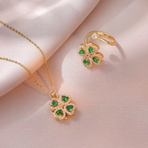 Elegantes Gold Titanstahl Kleeblatt Halskette Ring Set Mikro Besetzt Zirkonia Herz Edelstein Schmuck Für Damen Jubiläumsgeschenk