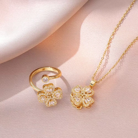 Rotierendes Vierblättriges Kleeblatt Schmuckset Edelstahl Zirkonia Herz Anhänger Halskette Verstellbarer Offener Ring Damen Mode Accessoires