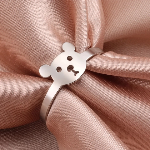 Minimalist Stainless Steel Hollow Bear Head Ring Cute Animal Gold Silver Plated Jewelry For Women Girls Birthday Gift