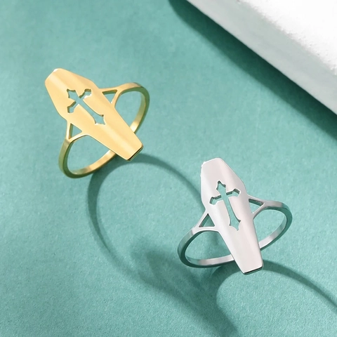 Anello Gotico in Acciaio Inossidabile a Forma di Bara Con Croce Traforata per Uomo Donna Oro Argento Gioielli Hip Hop Regalo