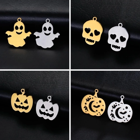Ciondoli Halloween in Acciaio Inossidabile Traforati Zucca Fantasma Teschio Pipistrello per Creazione Gioielli DIY Oro Argento