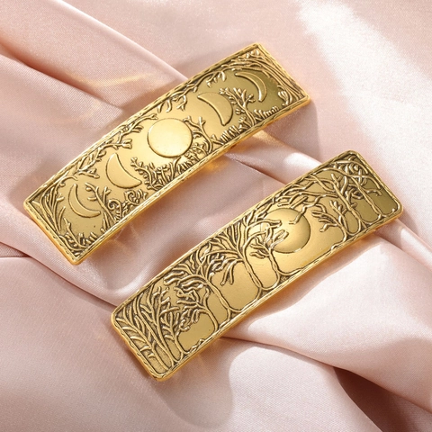 Fermaglio per Capelli Vintage in Lega con Rilievo Fasi Lunari Foresta Barrette Bohemien Rettangolare a Molla Accessori Donna