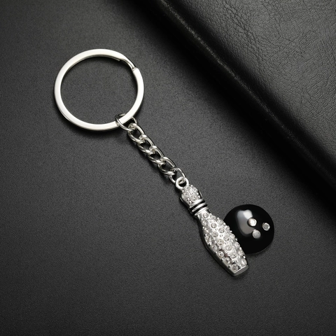 Portachiavi Creativo a Forma di Birillo e Palla da Bowling in Lega Argento Galvanica con Strass Moda per Auto Regalo