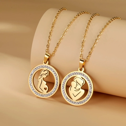 Stainless Steel Mother And Child Round Pendant Necklace Zirconia Cutout Pregnant Woman Silhouette Heart Memorial Jewelry For Women
