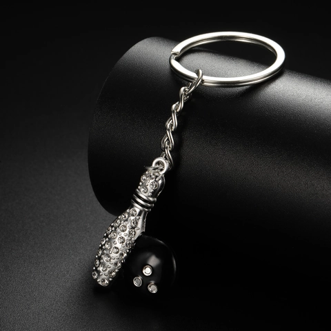 Portachiavi Creativo a Forma di Birillo e Palla da Bowling in Lega Argento Galvanica con Strass Moda per Auto Regalo