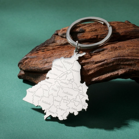 Portachiavi a Forma di Mappa del Punjab India per Uomo Donna Acciaio Inossidabile Placcato Oro Argento Nomi Città Incisi al Laser