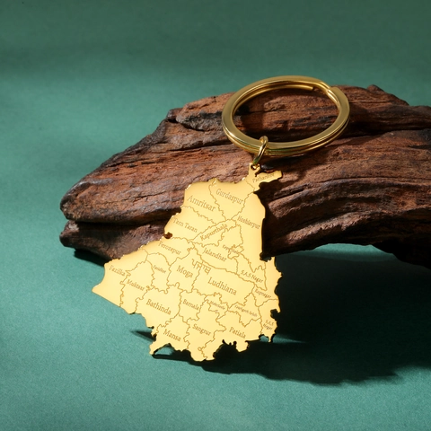 Portachiavi a Forma di Mappa del Punjab India per Uomo Donna Acciaio Inossidabile Placcato Oro Argento Nomi Città Incisi al Laser