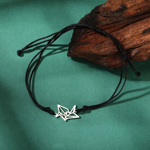 Origami Papieren Kraanvogel Roestvrij Stalen Gevlochten Touw Armband Voor Dames Heren Minimalistisch Geometrisch Verstelbaar Waskoord Hand Sieraden Cadeau