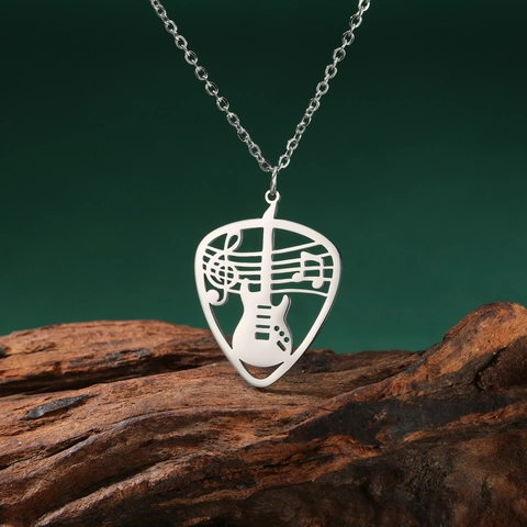 Music Guitar Pick Pendant Necklace Hollow Out Guitar Stainless Steel Silver Gold Chain Jewelry For Musicians Women Men Gift