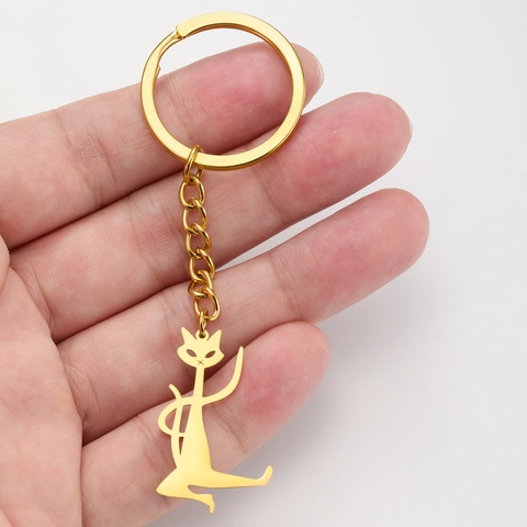 Portachiavi Minimalista con Ciondolo a Forma di Gatto in Acciaio Inossidabile Silhouette Artistica Kitty per Donna Uomo