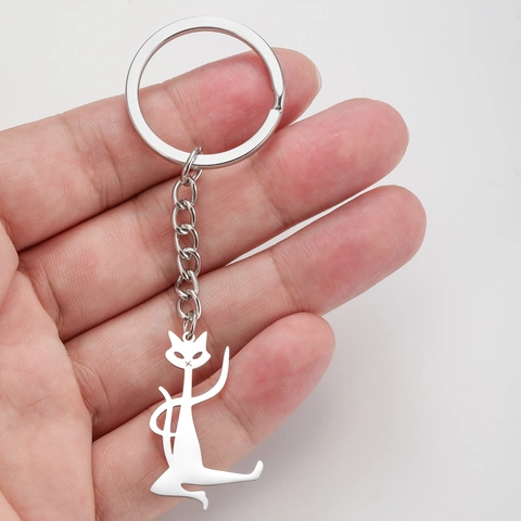 Portachiavi Minimalista con Ciondolo a Forma di Gatto in Acciaio Inossidabile Silhouette Artistica Kitty per Donna Uomo