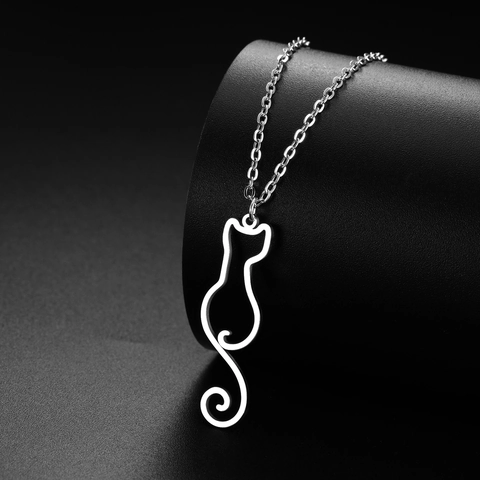Minimalist Stainless Steel Hollow Cat Silhouette Pendant Necklace For Women Men Artistic Kitten Animal Jewelry Gift