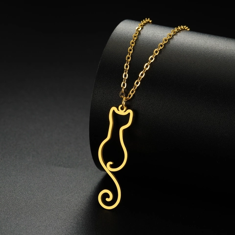 Minimalist Stainless Steel Hollow Cat Silhouette Pendant Necklace For Women Men Artistic Kitten Animal Jewelry Gift