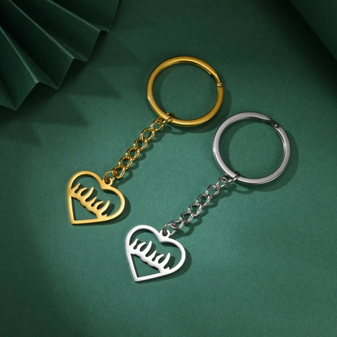 Portachiavi con Ciondolo a Cuore in Acciaio Inossidabile Punk Con Intaglio a Fiamma Calligrafia Araba Allah Donna Uomo
