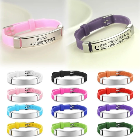 Bracciale ID in Silicone Regolabile Per Bambini Piastra di Identità di Emergenza in Acciaio Inossidabile Braccialetto Sportivo Gioielli di Sicurezza
