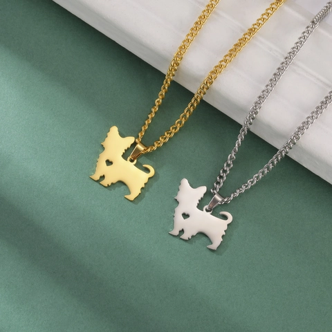 Stainless Steel Dog Silhouette Pendant Necklace For Women Men Cute Puppy Heart Cutout Charm Titanium Steel Cross Chain Fashion Jewelry Pet Lover Gift Gold Silver