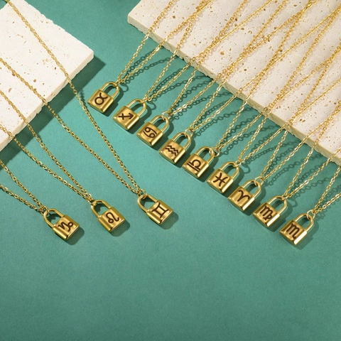 Collar Con Colgante de Candado de 12 Signos del Zodiaco de Acero Inoxidable para Mujeres Hombres Joyería de Constelación Chapada en Oro Plata