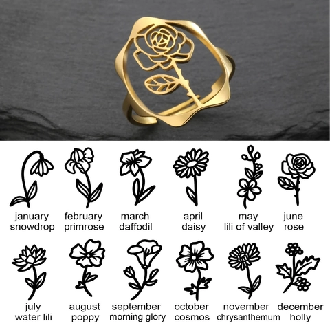 Anillos Abiertos de Acero Inoxidable con Flor de Nacimiento de 12 Meses Chapados en Oro 18K Diseño Calado Ajustable para Mujer Regalo de Cumpleaños
