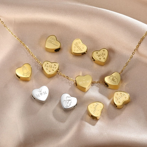 Stainless Steel Heart Charm Beads Family Series Mother Father Daughter Wife Pendants For DIY Jewelry Making Gift