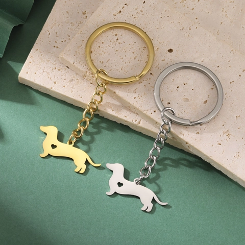 Portachiavi Bassotto in Acciaio Inossidabile Design Cuore Traforato Metallo Lucidato Silhouette Animale Accessorio Regalo