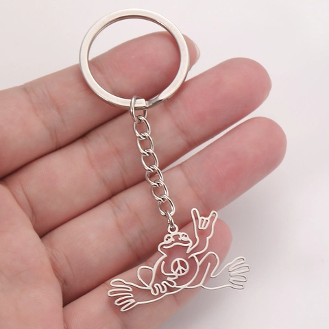 Stainless Steel Hollow Out Frog Peace Sign Keychain Rock Gesture Animal Pendant Key Ring Jewelry For Men Women Gift