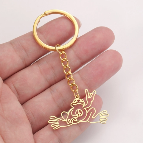 Stainless Steel Hollow Out Frog Peace Sign Keychain Rock Gesture Animal Pendant Key Ring Jewelry For Men Women Gift