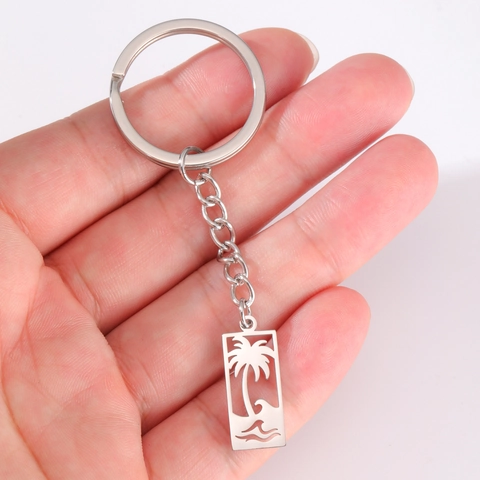 Tropischer Kokosnussbaum Welle Edelstahl Schlüsselanhänger Für Damen Herren Sommer Strand Schmuck Geschenk Gold Silber Hohlanhänger Schlüsselanhänger