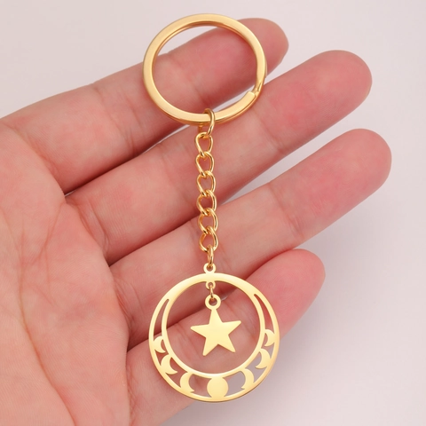 Portachiavi in Acciaio al Titanio con Fasi Lunari e Stella Simbolo della Dea Luna Ciondolo per Chiavi Auto Gioielli Regalo Unisex