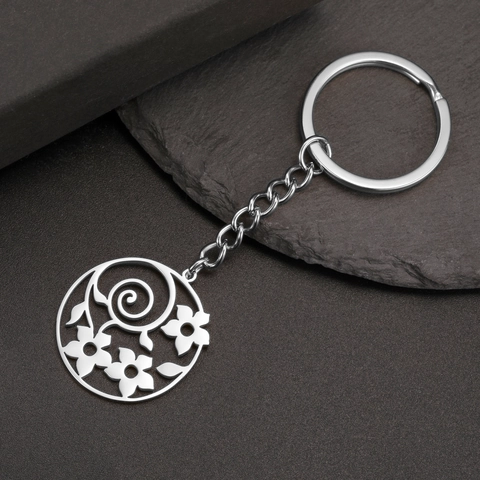 Portachiavi in Acciaio al Titanio Con Ciondolo Rotondo a Fiori Traforati per Uomo Donna Placcato Oro Argento Portachiavi in Acciaio Inossidabile Regalo