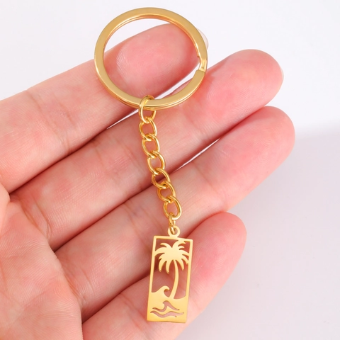 Tropischer Kokosnussbaum Welle Edelstahl Schlüsselanhänger Für Damen Herren Sommer Strand Schmuck Geschenk Gold Silber Hohlanhänger Schlüsselanhänger