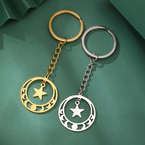 Portachiavi in Acciaio al Titanio con Fasi Lunari e Stella Simbolo della Dea Luna Ciondolo per Chiavi Auto Gioielli Regalo Unisex