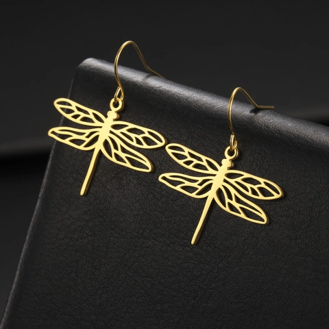Libelle Anhänger Ohrhänger Edelstahl Hohl Tier Design Gold Silber Ton Hoop Haken Ohrringe Mode Damen Schmuck