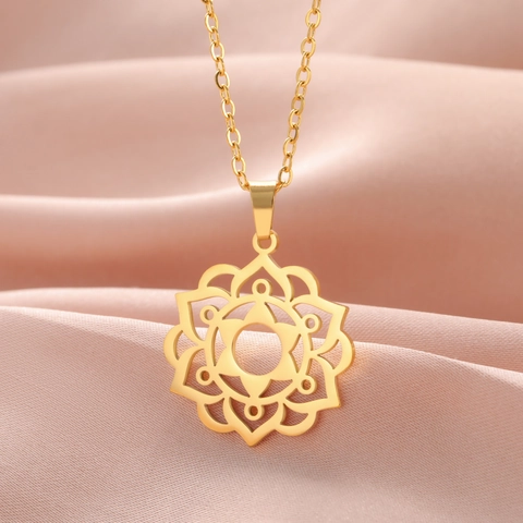 Stainless Steel Mandala Pendant Necklace Geometric Hollow Lotus Flower Charm Bohemian Layered Snake Paperclip Chain Jewelry For Women