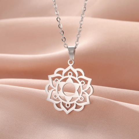 Stainless Steel Mandala Pendant Necklace Geometric Hollow Lotus Flower Charm Bohemian Layered Snake Paperclip Chain Jewelry For Women