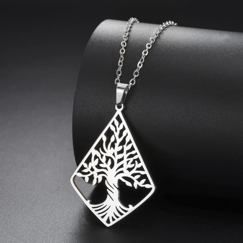 Stainless Steel Tree Of Life Pendant Necklace Rhombus Hollow Geometric Jewelry For Men Women Trendy Punk Style Daily Wear