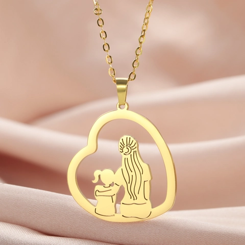 Fashion Stainless Steel Heart Pendant Necklace Hollow Mother And Child Silhouette Gold Silver Plated Jewelry Gift For Women