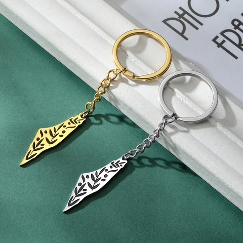 Stainless Steel Map Keychain Palestine Israel Floral Engraved Double Sided Polished Pendant Key Ring Men Women Gift
